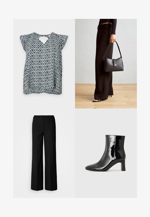 Blusa a righe navy e bianca con scollatura a V e piccole maniche a cappuccio; design geometrico e tessuto trasparente. Dettaglio a chiave sul retro.; Pantaloni neri a gamba larga in tessuto morbido, con vita alta, cuciture sartoriali e design minimalista. Nessuna ferramenta visibile o tasche.; Stivaletto in pelle verniciata nera con punta a punta e tacco a blocco di altezza media. Texture liscia e design minimalista.; Borsa nera con forma strutturata, texture liscia e una chiusura metallica. Abbinata a pantaloni neri larghi e sandali open-toe su un pavimento in legno.