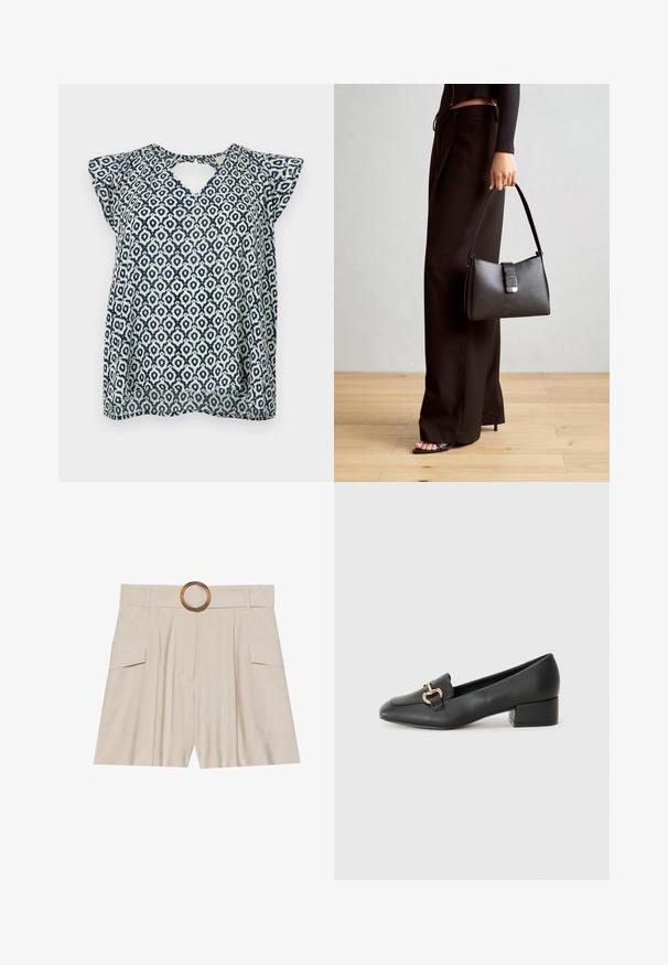 Mørkeblå og hvid mønstret bluse med V-hals og små cap-ærmer; geometrisk design og gennemsigtig struktur. Nøglehul detalje på ryggen.; Beige højtaljede shorts med en bred, flad talje, rund træspænde, plisseret front og to sidelommer. Glat stofstruktur.; Sorte læder loafers med flad hæl, der har en dekorativ guldhardwaredetalje foran og en glat overflade.; Sort håndtaske med struktureret form, glat overflade og metalspænde. Sammen med brede sorte bukser og sandaler med åben tå på trægulv.