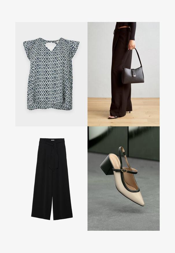 Jūras spēku un baltas krāsas blūze ar V veida kakla izgriezumu un maziem plecu piedurkņu ; ģeometrisks raksts un caurspīdīga tekstūra. Atveres detalizācija aizmugurē.; Melni platleņķa bikses ar teksturētu audumu, elastīgu jostu un noņemamu siksnu viduklī, kas nodrošina regulējamu piegulšanu.; Beige smailā purngalā siksnu kurpe ar melnu akcentu, zelta sprādzi un masīvu bloku papēdi uz pelēka grīdas ar tumši zaļu fonu.; Melnā somiņa ar strukturētu formu, gludu tekstūru un metālu sprādzi. Saskaņota ar platām melnām biksēm un sandālēm ar atvērtu purngalu uz koka grīdas.