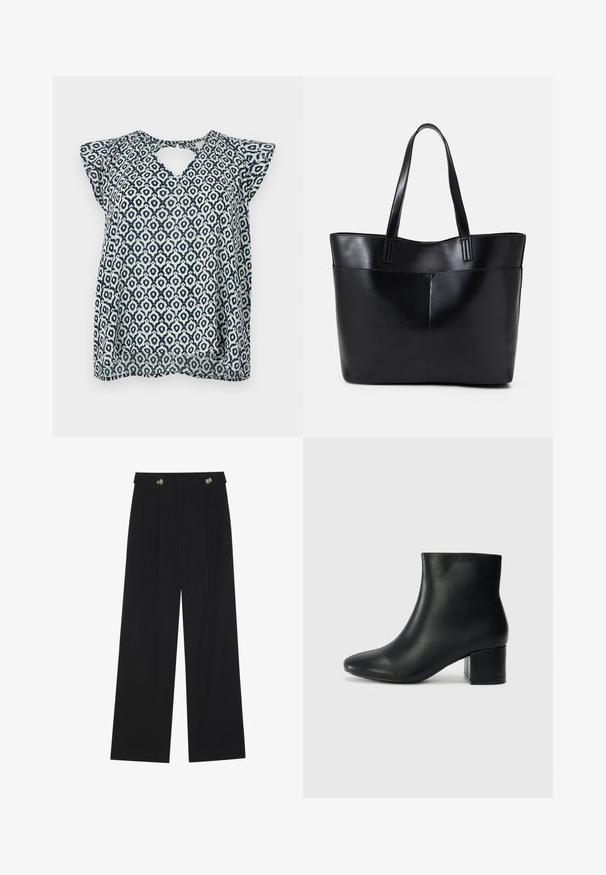 Bluza mornarsko plave i bijele boje sa uzorkom, V-izrezom i malim kapicama; geometrijski dizajn i prozirna tekstura. Detalj u obliku ključa na leđima.; Crne hlače širokih nogavica s visokim strukom, s dugmadi na pojasu i prednjim nabora.; Crne kožne čizme do članaka s uskim vrhom i debelim potplatom. Glatka tekstura s minimalnim detaljima i elegantan, prilagođen dizajn.; Crna kožna torba s dugim ručkama, glatkom teksturom i strukturiranim oblikom. Ima prednju džep za dodatno pohranu.