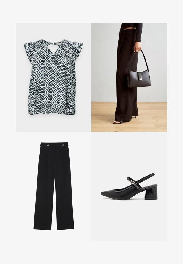 Bluza mornarsko plave i bijele boje sa uzorkom, V-izrezom i malim kapicama; geometrijski dizajn i prozirna tekstura. Detalj u obliku ključa na leđima.; Crne hlače širokih nogavica s visokim strukom, s dugmadi na pojasu i prednjim nabora.; Crne lakirane slingback visoke potpetice s šiljastim vrhom, zaobljenim izrezom i blok potpeticom. Sadrži akcent zlatnog tona s kopčom.; Crna torba s oblikom koji sadrži strukturu, glađu teksturu i metalnu kopču. Uparena s širokim crnim hlačama i sandalama na otvorenom s drvenog poda.