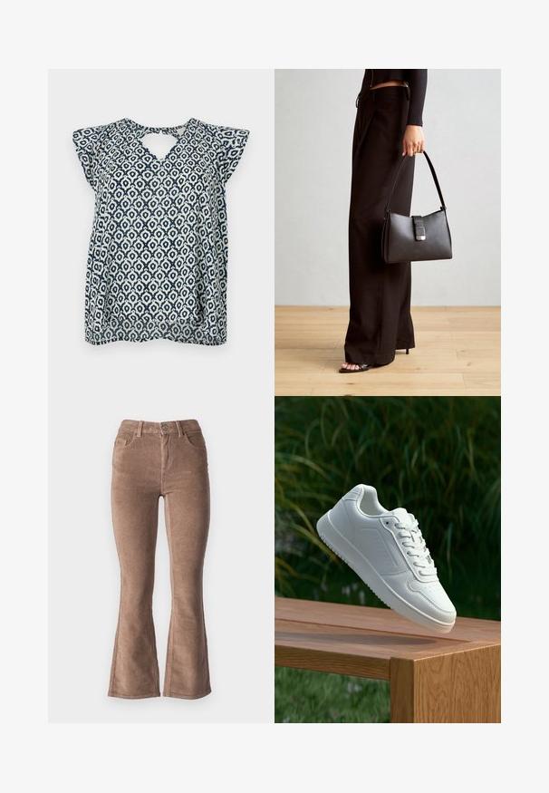 Mørkeblå og hvid mønstret bluse med V-hals og små cap-ærmer; geometrisk design og gennemsigtig struktur. Nøglehul detalje på ryggen.; Brune fløjlsbukser med udvidede ben og ribbet tekstur, der har højt talje, fem lommer og en frontknaplukning.; Hvid sneaker med en glat syntetisk overdel, perforeret tåboks, flade snørebånd og en tekstureret sål, præsenteret på en træoverflade.; Sort håndtaske med struktureret form, glat overflade og metalspænde. Sammen med brede sorte bukser og sandaler med åben tå på trægulv.