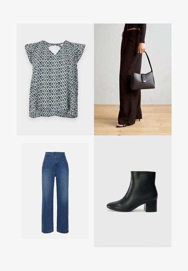 Bluza mornarsko plave i bijele boje sa uzorkom, V-izrezom i malim kapicama; geometrijski dizajn i prozirna tekstura. Detalj u obliku ključa na leđima.; Traperice visokog struka u srednje plavoj boji. Imaju detalje s prednjim dugmadi i široki kroj. Tkanina ima glatku teksturu s blagim izblijedjenjem.; Crne kožne čizme do članaka s uskim vrhom i debelim potplatom. Glatka tekstura s minimalnim detaljima i elegantan, prilagođen dizajn.; Crna torba s oblikom koji sadrži strukturu, glađu teksturu i metalnu kopču. Uparena s širokim crnim hlačama i sandalama na otvorenom s drvenog poda.