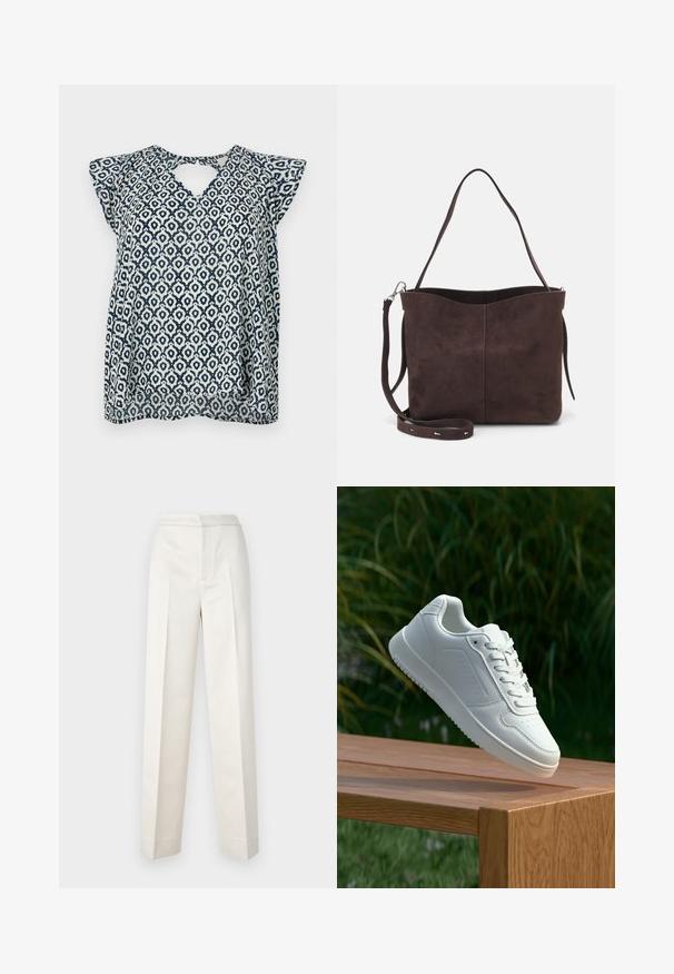 Bluse mit navyblauen und weißen Mustern, V-Ausschnitt und kleinen Cap-Ärmeln; geometrisches Design und transparente Textur. Schlüsselhole-Detail hinten.; Cremfarbene Hosen mit figurbetonter Passform, gerader Beine, glattem Stoff, vorderen Falten und sauberem Saum. Minimalistisches Design.; Weiße Sneaker mit einem glatten, synthetischen Obermaterial, perforierter Zehenbox, flachen Schnürsenkeln und einer strukturierten Sohle, präsentiert auf einer Holzoberfläche.; Braune Wildleder-Tasche mit weicher Textur, ausgestattet mit einem einzelnen Schulterriemen und einer dezenten, gewölbten Öffnung an der Oberseite. Keine sichtbaren Beschläge.
