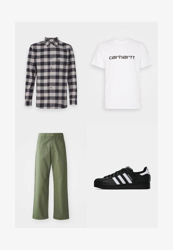 Ilgų rankovių languota marškiniai juodos ir pilkos spalvų, su mygtukų užsegimu, priekinė kišenė ir Winger prekės ženklo etiketė kairėje krūtinės pusėje.; Balta medvilnė marškinėliai su trumpomis rankovėmis ir apvaliu kaklo iškirpimu. Pasižymi dideliu tamsiai rudu "Carhartt" logotipo spaudu per krūtinę.; Alkūnė žalios spalvos plačios kelnės, pagamintos iš medvilnės. Turi diržo kilpas, priekinį mygtuką ir šonines kišenes. Lygus paviršius.; Juodos „Adidas Superstar“ sportbačiai su baltais dryžiais, šonine kriaukle ir „Superstar“ tekstu šone, rodomi šoniniame profilyje ant balto fono.