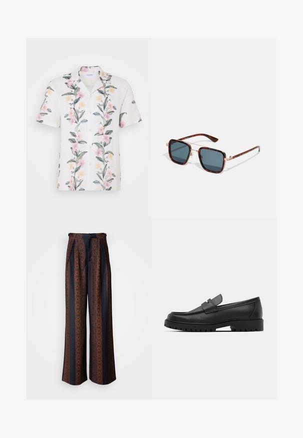 Košulja kratkih rukava od lagane bijele tkanine, s cvjetnim uzorkom sa ružičastim i žutim cvjetovima te zelenim lišćem, s preklopom na gumbe.; Dva majice dugih rukava, jedna crna i jedna bijela, izrađene od pamuka s okruglim izrezom i glatkom teksturom, prikazane u složenom aranžmanu.; Hlače širokih nogavica od tamnoplavog platna s složenim narančastim geometrijskim uzorkom, s naboranim prednjim dijelom i prizmom struka.; Crne kožne mokasine s zaobljenim vrhom, s ušivenim dizajnom, niskom platformom i teksturiranim, gumenim potplatom s izbočinama.; Tortoiseshell naočale sa tamnosivim sočivima, kvadratnog oblika, zlatnim metalnim akcentima i tankim okovima sa karakterističnim prugastim detaljima.