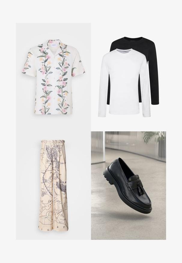 Camisa de manga curta em tecido leve branco, com um padrão floral de flores rosas e amarelas e folhas verdes, com fechamento frontal por botões.; Duas camisas de mangas longas, uma preta e uma branca, feitas de algodão, com decote redondo e uma textura suave, expostas em uma disposição empilhada.; Calças de perna larga com um padrão de mapa em azul-marinho sobre um fundo bege, com detalhes plissados na cintura e um corte relaxado.; Mocassins de couro preto com acabamento liso, tassel decorativo, sola grossa de borracha e detalhes costurados. Design leve e elegante.