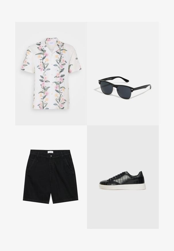 Trumpas rankovėmis marškiniai iš lengvos baltos medžiagos, su gėlių raštu, kuriame yra rožinių ir geltonų gėlių bei žalių lapų, mygtukų uždarymas priekyje.; Juodi džinsiniai šortai su klasikiniu kirpimu, turintys dvi priekinės kišenes, mygtuko užsegimą ir etiketę ant juosmens. Textūruotas audinys.; Juodi sportiniai batai su tekstūruotu krokodilo odos pamušalu, apvalia kojų dalimi ir kontrastinga balta guma su lygiu paviršiumi.; Juodos saulės akinių su stačiakampiu rėmeliu, tamsiais lęšiais, sidabrinėmis detalėmis šventrajose ir matinio paviršiaus rėmeliu.