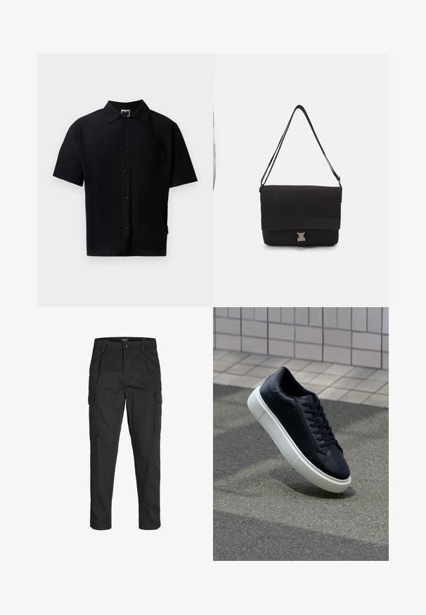 Must musta särk lühikeste varrukatega, ribakujulise tekstuuriga, klassikalise krae, esipoolsete nööpidega ja sirge allääriga. Ilma nähtavate mustrite või aktsentideta.; Mustad mustapõlvik, mis on valmistatud tugeva koe kasutades, sisaldab mitmeid taskuid, nupule kinnitatav sulgemine ja kitsenev disain.; Mustast nahast tennisetoss, millel on ümar nina ja valge kummist tall. Omab siredaid paelu ja minimaalset õmblemist ülemises osas. Tekstuuriga tald, mis tagab haakuvuse.; Mustmust kärjer, mis on valmistatud siledast materjalist, fold-over klapiga, hõbedaste kinnitustega ja reguleeritava õlarihmaga.