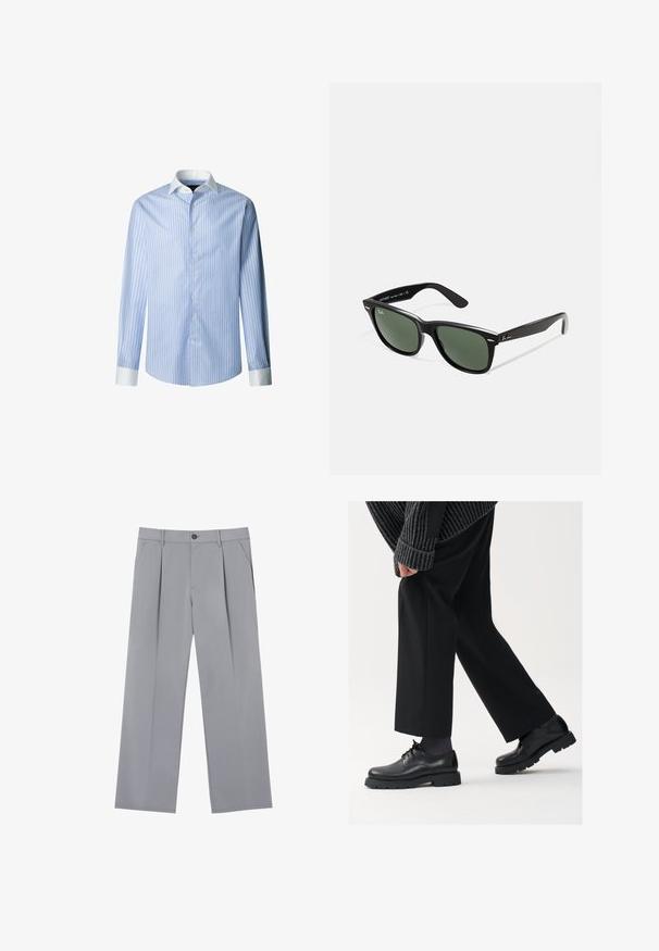 Jasnoniebieska koszula w poziome paski z białym kołnierzykiem i mankietami. Posiada zapięcie na guziki z przodu oraz długie rękawy, wykonana z tkaniny tkanej.; Szare, plisowane spodnie o luźnym kroju, wykonane z lekkiego materiału. Posiadają przednie kieszenie oraz zapięcie na guzik w talii.; Czarne skórzane buty z okrągłym noskiem, sznurowanym zapięciem i grubą, fakturowaną podeszwą. Noszone z dopasowanymi czarnymi spodniami i swetrem z prążkowanej tkaniny.; Czarne plastikowe okulary przeciwsłoneczne z zielonymi szkłami, kwadratowe oprawki, srebrny akcent na brwi oraz fakturowane ramiona temple. Nazwa marki podana na wewnętrznej stronie ramion.