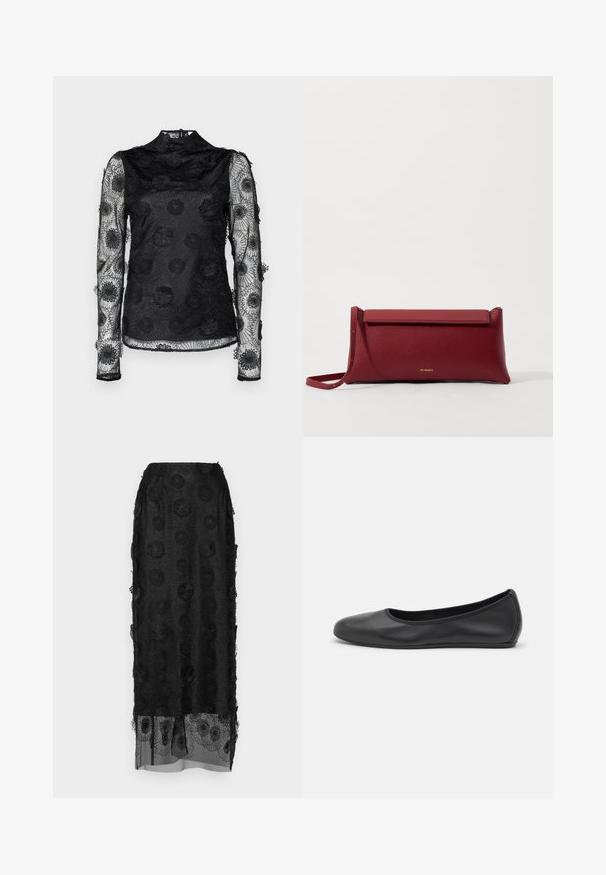 Hofmann Copenhagen KARMA czarny; Czarna długa spódnica z wyszywanymi motywami kwiatowymi. Przezroczysta warstwa podkreśla fakturę. Rąbek ma dodatkowe szczegóły wzoru kwiatowego.; Czarne skórzane baletki z zaokrąglonym noskiem, gładką fakturą, minimalnymi przeszyciami i elastycznym designem podeszwy.; Czerwona skórzana kopertówka o teksturowanym wykończeniu, z płaskim złożonym wierzchem i krótkim paskiem. Subtelne logo marki z przodu.