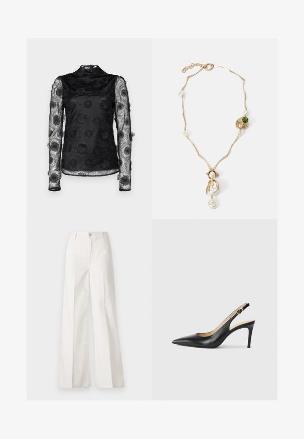 Hofmann Copenhagen KARMA TOP - Camicetta - black; Pantaloni bianchi a gamba larga realizzati in cotone con una texture liscia. Presentano un bottone anteriore, una zip e un design a quattro tasche.; Slingback in pelle nera con i tacchi alti a punta, cinturino regolabile e tacco a spillo elegante, caratterizzati da una finitura liscia.; Collana dorata con maglie attorcigliate, perle bianche e un accento di pietra verde. Presenta dettagli intricati e una chiusura per l'aggancio.