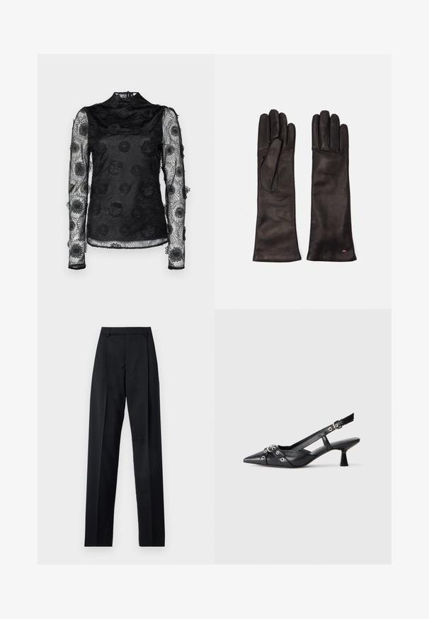 Hofmann Copenhagen KARMA TOP - Blůza - black; Černé kalhoty vyrobené z hladké tkaniny, vybavené vysokým pasem, širokými nohavicemi, předními záhyby a klasickými poutky na opasek. Nejsou viditelné boční kapsy.; Černé kožené slingback boty s špičatou špičkou, dekorativními pásky s kovovými očky a nízkým blokovým podpatkem. Texturovaný povrch.; Weekend Max Mara SENAPE - Rukavice - nero; Perlový náhrdelník s zlatými akcenty, obsahující tři osazené drahokamy a část se zapleteným řetízkem. Barevná paleta zahrnuje bílou a zlatou.
