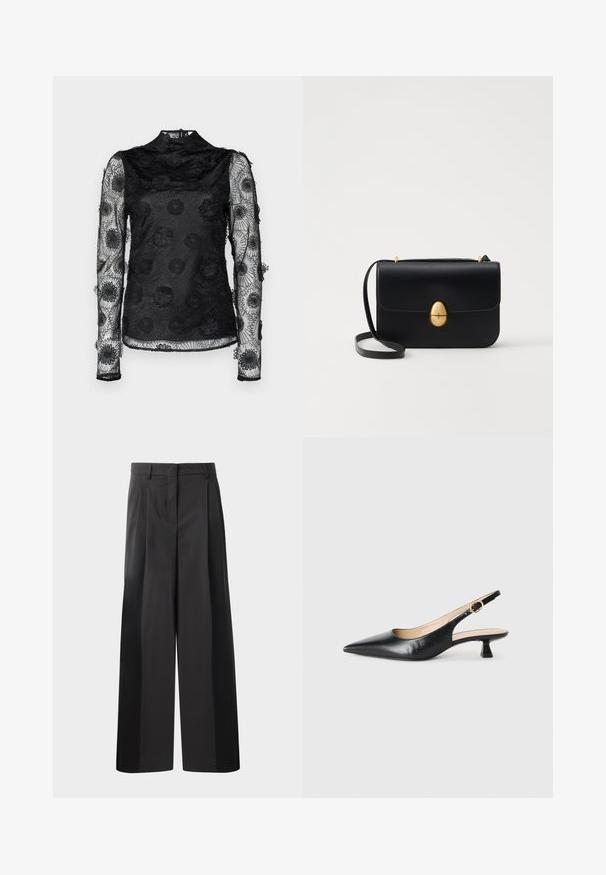 Hofmann Copenhagen KARMA TOP - Blúzka - black; Čierne široké nohavice s vysokým pásom, so záhybmi vpredu, hladkou textúrou a prispôsobeným strihom. Navrhnuté pre uvoľnený strih.; Čierne kožené sandále na podpätku s ostrou špičkou a zlatou prackou na bočnom pásiku, na bielom pozadí.; Čierna kožená kabelka so štruktúrovaným obdĺžnikovým tvarom. Obsahuje zlaté oválne zapínanie a tenký ramenný popruh. Hladká textura.