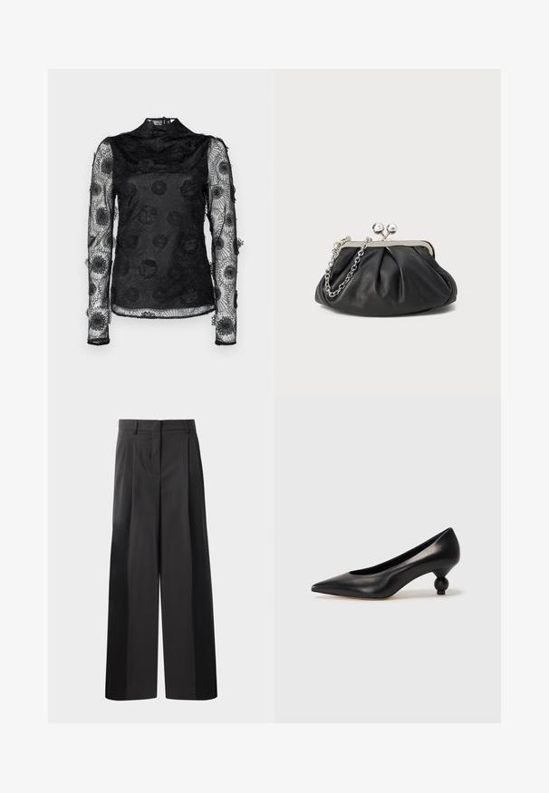 Hofmann Copenhagen KARMA TOP - Blúz - black; Fekete, bő szárú nadrág magas derékkal, elöl plissékkel, sima felülettel és igényes kidolgozással. Kényelmes viseletre tervezve.; Fekete bőr magassarkú cipő, hegyes orral és kerek, gömbölyű sarokkal. Simább textúrával, elegáns, minimalista dizájnnal.; Fekete bőr táska ráncolt textúrával, ezüst színű fémszerkezettel, csattal záródó fedéllel és láncos pánttal. Simító, puha felület.