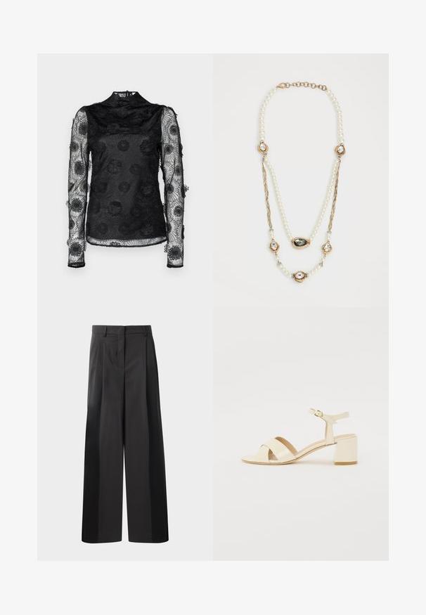 Hofmann Copenhagen KARMA TOP - Pluus - black; Mustad laiad püksid kõrge vöökohaga, millel on ees voldid, sile tekstuur ja õmmeldud viimistlus. Kujundatud lõdva istuvuse saavutamiseks.; Beež patentnahast kontsaga sandaalid, millel on risti rihmad, avatud varvas, reguleeritav pahkluu riba ja plokk-konts. Sile tekstuur.; Teemantidega kaunistatud pärlikee, millel on kuldsed aktsendid, kolm kivi-dekoratsiooniga posti ja kudumisega osa. Värvipalett sisaldab valget ja kuldset.
