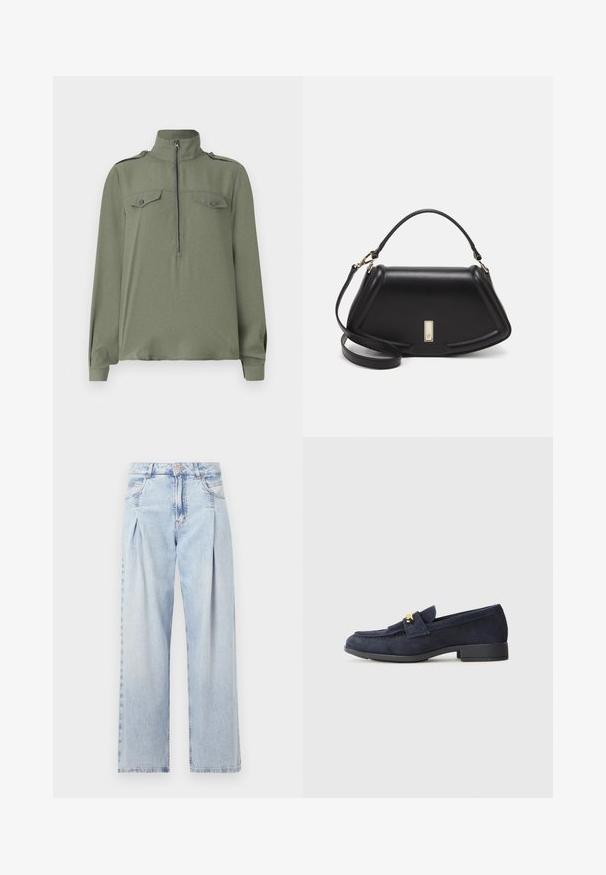 Oliwkowy sweter z stójką, z zamkiem błyskawicznym z przodu i dwoma kieszeniami na piersi z zapięciami na guziki. Długie rękawy z mankietami.; Jasnoniebieskie dżinsy z wysokim stanem, szerokimi nogawkami, dwoma bocznymi kieszeniami oraz plisowanym wzorem. Miękka tekstura z wyblakłym wykończeniem.; Granatowe zamszowe mokasyny z niskim czarnym obcasem, z ozdobnym złotym detalem z przodu i zaokrąglonym czubkiem.; Czarna skórzana torebka o strukturalnym designie, z przyciętą formą, górnym uchwytem i złotymi akcentami. W zestawie regulowany pasek na ramię.