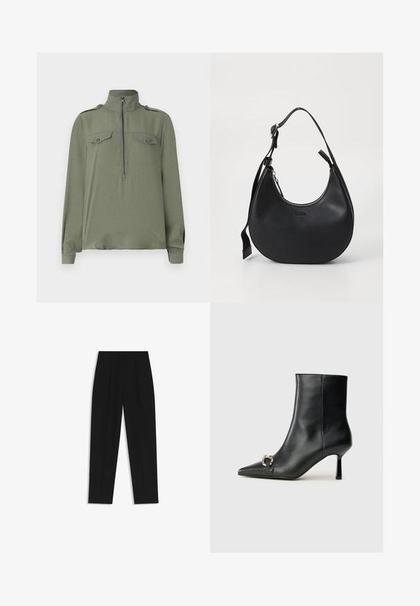 Olivgrüner Pullover mit Stehkragen, Frontreißverschluss und zwei Brusttaschen mit Knopfverschluss. Lange Ärmel mit umgeschlagenen Säumen.; Schwarze Hose mit geradem Schnitt, doppelten Falten, einer glatten Textur und einem klassischen Bunddesign. Keine sichtbaren Beschläge oder Akzente.; Schwarze Leder-Stiefelette mit spitzer Zehe, schlankem, mittelhohem Absatz und silberner Schnalle seitlich vor einem schlichten Hintergrund.; Schwarze Leder-Schultertasche mit einer geschwungenen Form, Reißverschluss und verstellbarem Tragegurt. Mit eingeprägtem Markenlogo auf der Vorderseite.