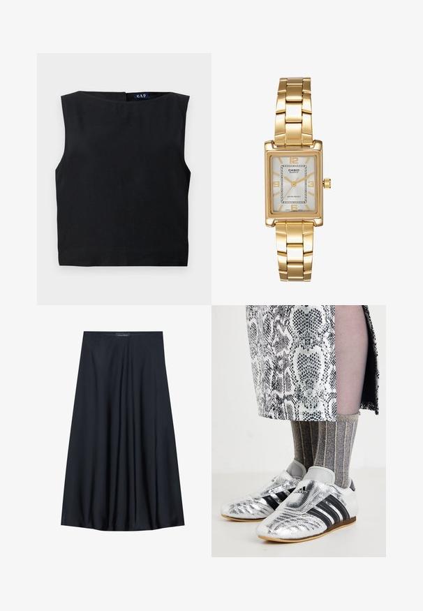 Svart ermeløs topp med vid utringning og rett snitt. Laget av et glatt stoff, med lukking bak og minimalistisk design.; Sort, knelangs skjørt laget av lett stoff med en flytende design. Har en jevn tekstur og subtile folder for ekstra detalj.; Sølv fottballsko med svarte striper og en strømlinjeformet design, kombinert med teksturerte grå og gullstripede sokker og et mønstrete skjørt.; Gullfarget rektangulær klokke med hvit urskive, sølvfargede timeindikatorer og et slitesterkt metallarmbånd. Vanntett funksjon inkludert.