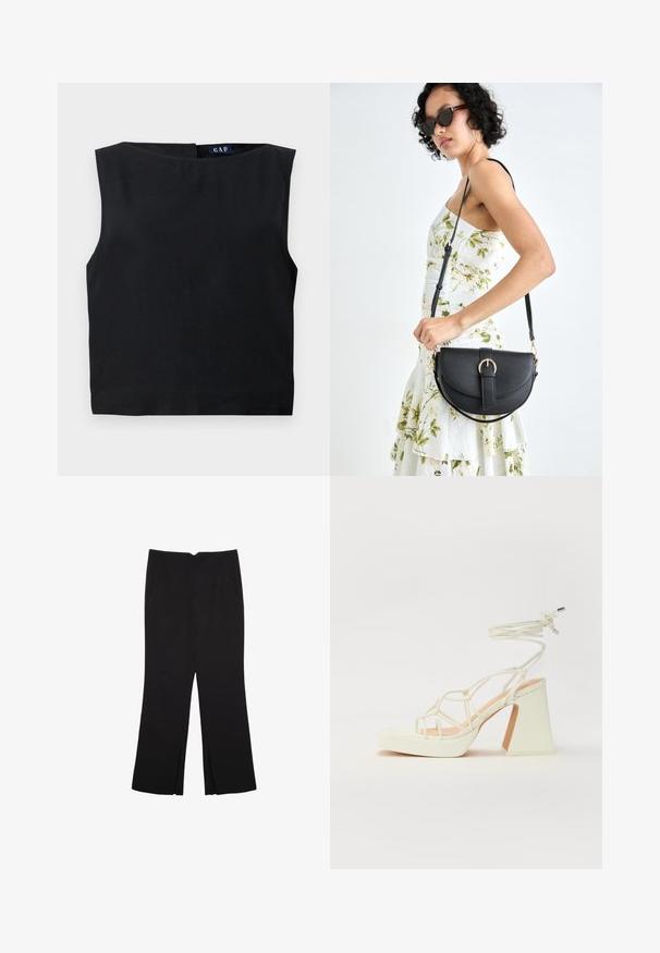 Crna majica bez rukava sa širokim izrezom i ravnim krojem. Izrađena od glatkog materijala, sa zatvaranjem na leđima i minimalnim dizajnom.; Crne hlače ravnog kroja, s prednjim džepovima i bočnim prorezima na rubu. Izrađene od mekog i glatkog materijala. Pogodne za razne prigode.; Bijela sandala na visokoj potpetici s debelim petom, s remenom i vezanjem oko gležnja. Glatka tekstura s platformom sprijeda za dodatnu visinu.; Crna kožna torba s lukovitim oblikom, odvojivim remenom i zlatnim detaljima. Torba ima preklop s kopčom.