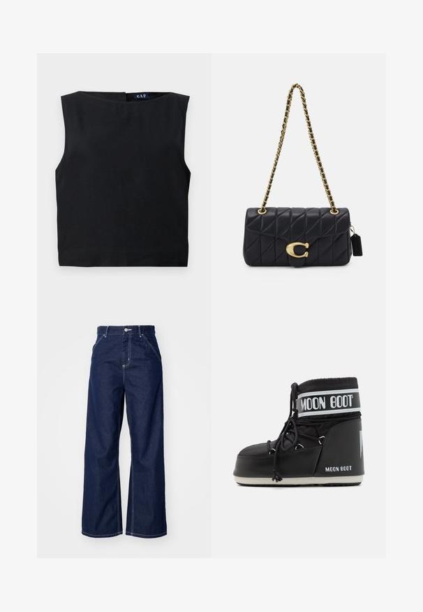 Top noir sans manches avec un large col et une coupe droite. Fabriqué dans un tissu doux, avec une fermeture au dos et un design minimaliste.; Jean large en denim bleu foncé, avec une taille haute, des coutures blanches contrastantes et un design traditionnel à cinq poches.; Bottes de lune noires avec un dessus rembourré, maintenues par des lacets et une bande blanche distinctive portant le logo. Semelle en caoutchouc épaisse et texturée.; Sac à main matelassé noir avec une bandoulière en chaîne dorée, présentant un fermoir doré distinctif et une petite étiquette, mettant en valeur une surface en cuir texturé.
