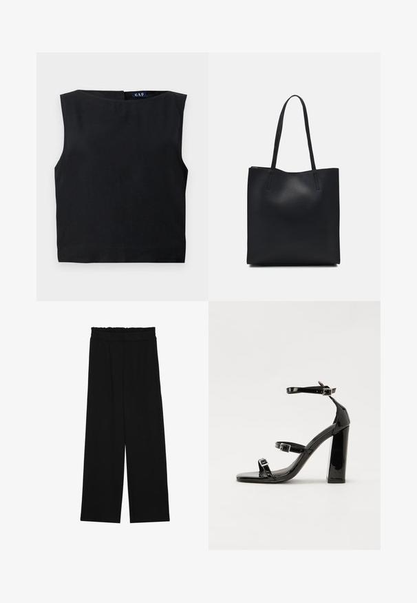 Črn brezrokavnik s širokim izrezom in ravnim krojem. Narejen iz gladkega materiala, ima zadaj zadrgo ter minimalno zasnovo.; Črne široke hlače s nabranim pasom, ki imajo dva stranska žepa in so izdelane iz gladkega, lahkega blaga. Brez vidnih vzorcev ali kovinskega okova.; Črne lakirane sandale s peto, kvadratnim prstom, trakovi okrog gležnja in srebrnimi zaponkami. Opremljene so s stabilno Debelo peto.; Črna usnjena torba s svilnato teksturo, pravokotne oblike in dvema dolgima ročajema. Brez vidnih metalnih delov ali okrasnih elementov.