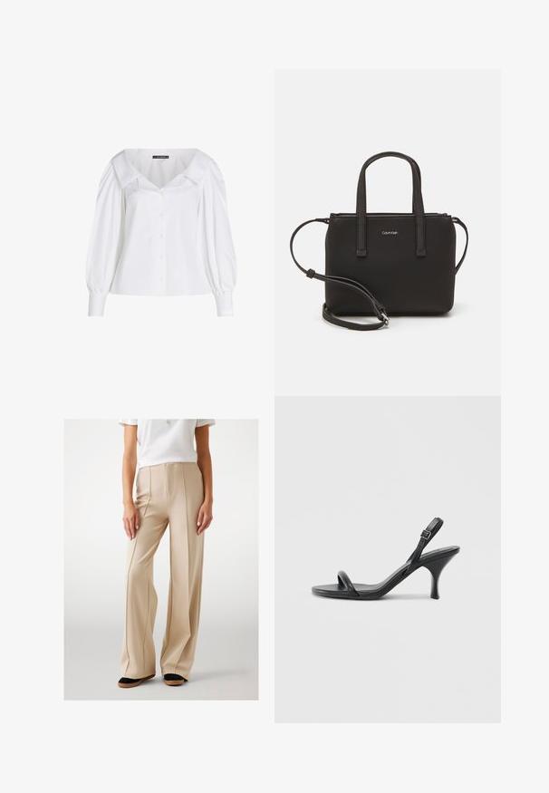 Witte overhemdblouse met een brede kraag, gepofte lange mouwen en een getailleerde taille. Gladde katoenen stof met een subtiele glans.; Beige wijde broek gemaakt van een gladde stof, met voorplooien en een hoge taille. Gekleed met zwarte en bruine platte schoenen.; Zwarte leren sandalen met hoge hakken, een slanke, gebogen hak en een gekruist bandontwerp. Verstelbare enkelband. Soepele textuur.; Zwarte handtas met dubbele korte handvatten en een afneembare schouderriem. Glad, leerachtig materiaal met een ritssluiting en logo-detail.