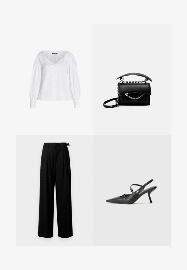 White button-up shirt with a wide collar, puffed long sleeves, and a fitted waist. Smooth cotton fabric with subtle sheen.; Black wide-leg trousers with a high waist, pleats at the front, and a belt featuring a buckle. Made from smooth, lightweight fabric.; Black leather slingback heels with a pointed toe, slender heel, and decorative buckle detail on the vamp. Smooth texture and sleek design.; Black leather handbag with a structured design, chain and handle accents, and a textured surface. Features a flap closure with branding visible.