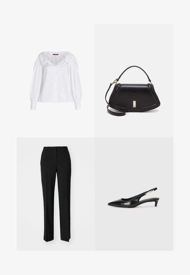 White button-up shirt with a wide collar, puffed long sleeves, and a fitted waist. Smooth cotton fabric with subtle sheen.; Black tailored trousers with a straight-leg design, featuring a smooth texture and crisp creases along the front. No visible hardware.; Black leather slingback heels with a pointed toe, featuring a slim heel and a gold-tone accent on the adjustable strap. Smooth texture.; Black leather handbag with a structured design, featuring a cropped shape, top handle, and gold hardware accent. Adjustable shoulder strap included.