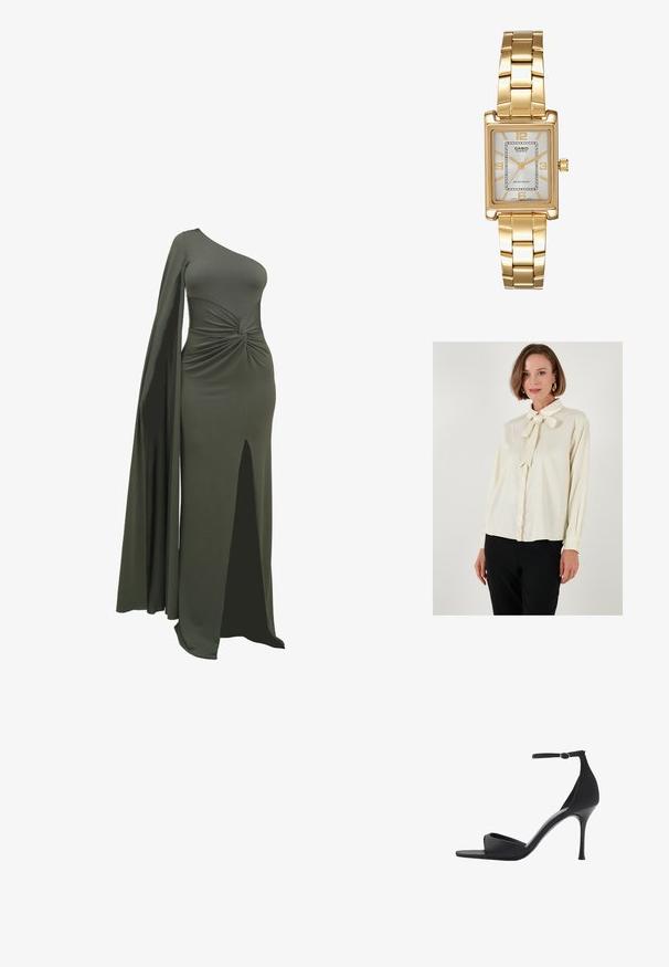 Cream blouse with a bow tie collar, long sleeves, and button cuffs; smooth texture with a relaxed fit; paired with black trousers.; Green, one-shoulder dress made of smooth, stretchy fabric. Features a twisted detail at the waist and a thigh-high slit on one side.; Mango High heeled sandals - black; Black leather shoulder bag with a crinkled texture, gold chain accent, and a prominent gold clasp featuring an oval logo. Adjustable shoulder strap.; Gold-tone rectangular wristwatch with a white dial, silver-tone hour markers, and a durable metal link bracelet. Water-resistant feature included.