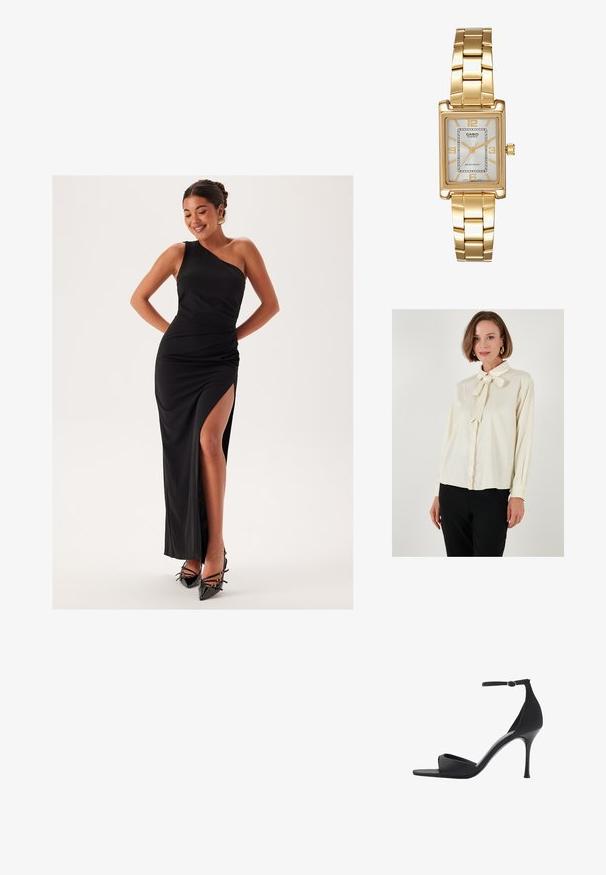 Cremefarvet bluse med en sløjfe-knapkrave, lange ærmer og knapmanchetter; glat tekstur med en afslappet pasform; parret med sorte bukser.; Sort, ét skulder aftenkjole med en høj slids op til låret, tætsiddende design, glat stof og strømlinet silhuet. Sammen med sorte højhælede sko.; Mango Højhælede sandaletter / Højhælede sandaler - black; Sort læderhandtaske med quiltet design og guldfarvet hardware, der har en dekorativ lås. Tasken har en kæderekke og holdes i hånden.; Guldtonet rektangulær armbåndsur med en hvid skive, sølvtonede time markører og et holdbart metalled. Vandafvisende funktion inkluderet.