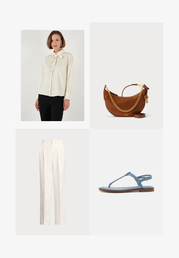 Krém blúz masnis gallérral, hosszú ujjakkal és gombos mandzsettával; sima textúra, laza fazon; fekete nadrággal párosítva.; Polo Ralph Lauren HEMP WIDE LEG PANT - Nadrágok - nevis; Kék bőr pántos szandál lapos talppal, vékony pánt dizájnnal és csatos záródással a bokán a biztos illeszkedés érdekében.; Barna bőr kézi táska íves kialakítással, arany lánc pánttal, belső zsebbel és leválasztható vállpánttal. Kontrasztos varrás jellemzi.