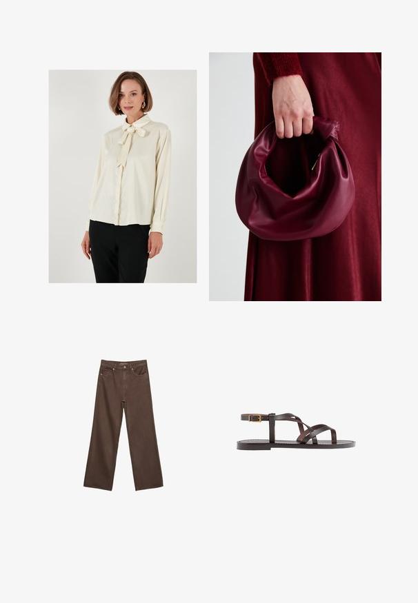 Kerman paita, jossa on solmukolla varustettu kaulus, pitkät hihat ja napilliset hihansuut; sileä pinta ja rento istuvuus; yhdistetty mustiin housuihin.; Leviittävät ruskeat farkut, jotka on valmistettu denimistä, korkea vyötärö, etutaskut ja klassinen nappikiinnitys. Silkkinen pinta hienovaraisella ompelutyöllä.; Ruske kožne sandale s križnim trakama, zatvaranjem na kopču oko gležnja i ravnim potplatom s minimalnim detaljima šivanja.; Burgundy-nahkakäsilaukku, jossa on pehmeä, ryppyinen muotoilu ja pyöreä muoto. Kahva on kiinnitetty tukevasti, ja siinä on sileä pinta.