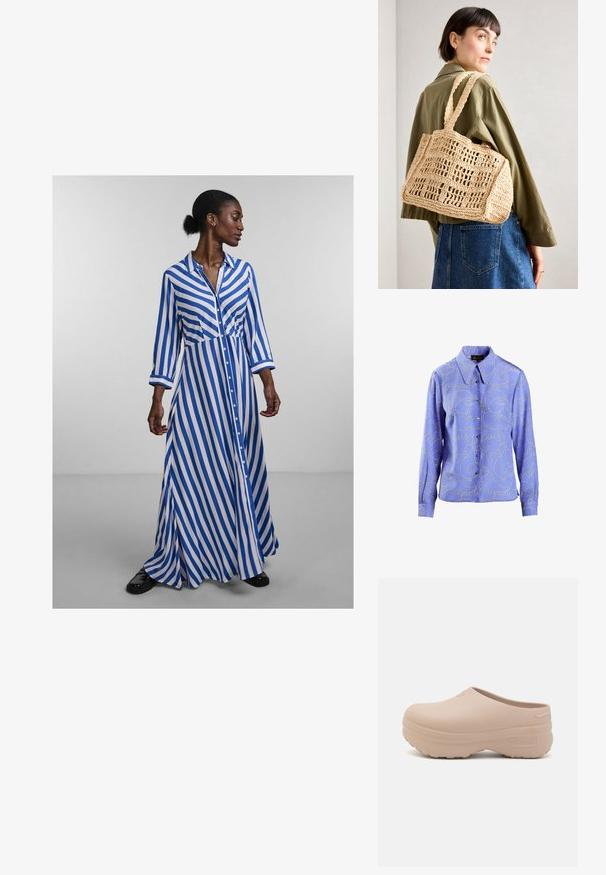 Camicia button-up azzurro chiaro con motivo in scrittura argentata e maniche lunghe. Tessuto morbido con colletto classico e chiusura a bottoni.; Abito lungo con bottoni, a righe verticali blu e bianche, maniche lunghe, colletto e gonna fluida. Tessuto morbido con una vestibilità comoda.; Zoccoli in gomma rosa chiaro con un design liscio e arrotondato. Presentano una suola testurizzata per una migliore aderenza e un logo in rilievo sul lato.; Borsa in crochet intrecciata color tan con forma rettangolare, due manici larghi e un motivo a griglia aperta. Il design presenta un tessuto strutturato e un ampio interno.