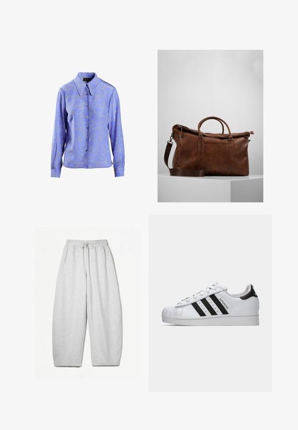 Jasnoniebieska koszula z długim rękawem z nadrukiem srebrnym w formie skryptu. Gładki materiał z klasycznym kołnierzykiem i zapięciem na guziki.; Jasnoszare dresy o luźnym kroju, z elastycznym pasem, sznurkiem i bocznymi kieszeniami; wykonane z miękkiego, teksturowanego materiału.; Białe sneakersy Adidas Superstar z czarnymi paskami, noskiem w kształcie muszli i napisem "Superstar" z boku, pokazane w lewym profilu na białym tle.; Brązowa skórzana torba sportowa z zamknięciem na zamek, podwójnymi uchwytami, regulowanym paskiem na ramię oraz widocznymi wzorami tekstury na powierzchni.