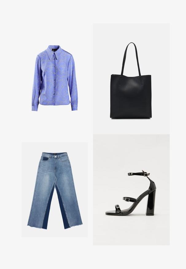 Camicia button-up azzurro chiaro con motivo in scrittura argentata e maniche lunghe. Tessuto morbido con colletto classico e chiusura a bottoni.; Jeans a gamba larga di colore azzurro chiaro con pannelli in blu scuro a contrasto, orli sfilacciati e vita standard con chiusura a bottone metallico.; Sandali con tacco in vernice nera, con punta squadrata, cinturini alla caviglia e fibbie in argento. Presentano un tacco a blocco spesso per maggiore stabilità.; Borsa tote in pelle nera con texture liscia, forma rettangolare e due manici lunghi. Nessun hardware o decorazione visibile.