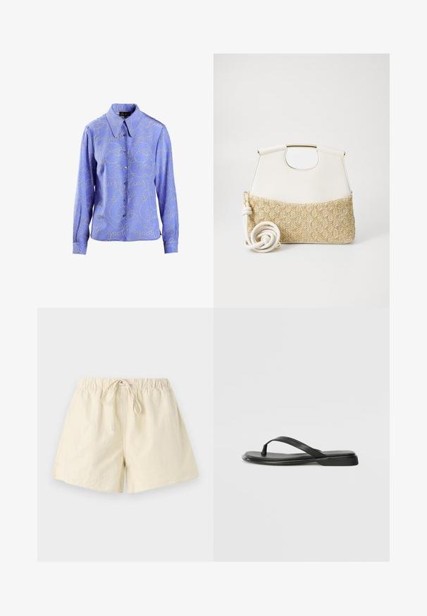 Light blue button-up shirt featuring silver script pattern and long sleeves. Smooth fabric with a classic collar and button closure.; Beige elastic waistband shorts with a drawstring tie, featuring a relaxed fit and smooth texture. No visible pockets or patterns.; Black flip-flop made of smooth leather, featuring a thin strap design and a flat sole with a minimal profile. No notable patterns or accents.; White leather handbag with a textured cream woven fabric bottom. Features a gold-tone handle and a coiled white strap for versatility.
