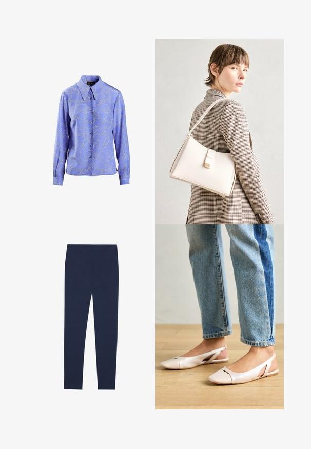 Világoskék, ezüst színű írásmintával díszített ing, hosszú ujjakkal. Sima anyag, klasszikus gallérral és gombos záródással.; Sötétkék nadrág sima anyagból, egyenes szárú kialakítással és sima előlappal. Nincsenek látható minták vagy díszítések.; Világos rózsaszín slingback laposlábú cipők, hegyes orral, sima bőrhatású anyagból készült. Oldalt kivágott részletek találhatók rajta, valamint lapos sarkú.; Fehér bőr táska strukturált dizájnnal, mágneses záródással és vállpánttal, semleges háttér előtt bemutatva.