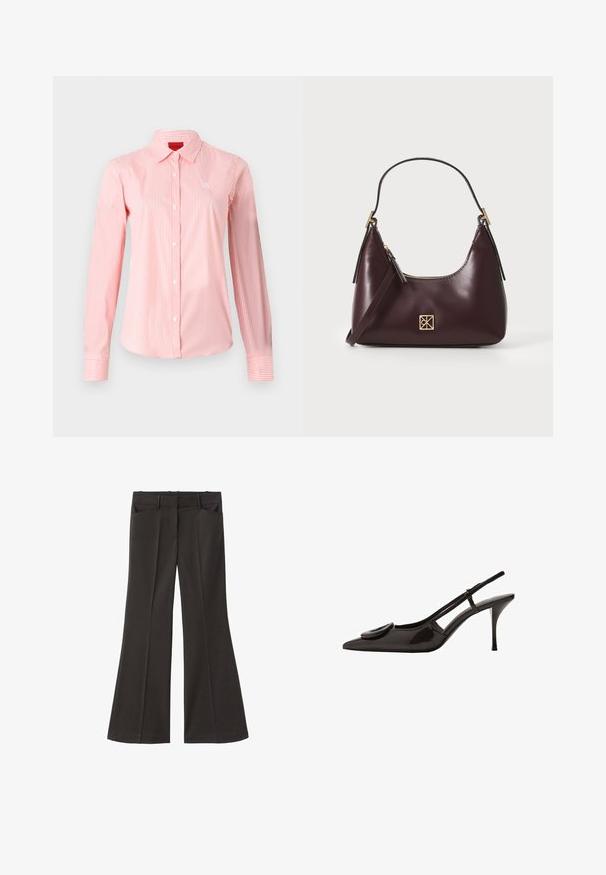 Camicia a righe con colletto, realizzata in tessuto leggero. Presenta righe alternate di un rosa chiaro e scuro e un piccolo logo bianco sul petto.; Pantaloni neri a zampa d'elefante con vita alta; presentano due tasche frontali e una texture del tessuto liscia. Adatti per varie occasioni.; Scarpa slingback in pelle verniciata nera con punta appuntita, design minimalista, piccolo dettaglio rotondo sulla tomaia e tacco sottile.; Borse in pelle borgogna con forma curva, dettagli in oro sull'hardware e chiusura con cerniera. Presenta una tracolla staccabile.