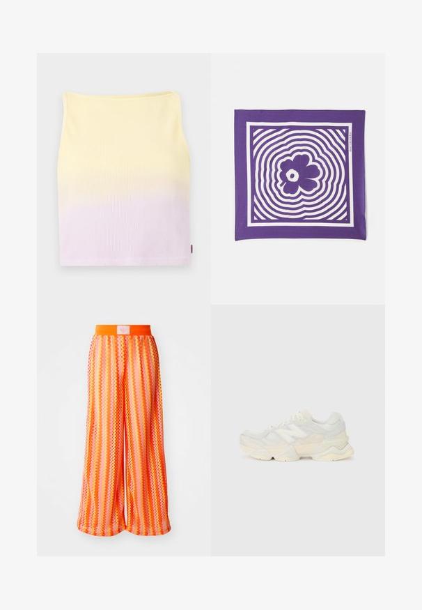 Ribidega kootud lühike topp, millel on kollasest heledasse lillasse üleminev gradientmustri, sobituv vorm ja ümar kaelus.; Oranž sportlik T-särk lühikeste varrukatega, millel on sinised triibud õlgadel ning esitükil brodüüritud logo, valmistatud kerge materjali järgi.; Laialdased püksid, millel on säravates oranžides ja roosades toonides diagonaalmuster, elastne vöökoht ning logo silt taga.; Kerge tenniseking, mille pealis on valmistatud võrgust ja seemisnahast pehmes kreemitoonis, koos paksu tallaga ja kolmemõõtmeliste aktsentidega.; Lilla ruutuline sall, mille keskel on valge lilleline muster, ümbritsetud kontsentriliste lainemustritega. Sile kangas.; Burgundi suede'ist kott, millel on pruunist nahast käepidemed, geomeetrilise õmbluse kujundus ja kullatud logo alusosal. Ruumikas ja struktureeritud kuju.