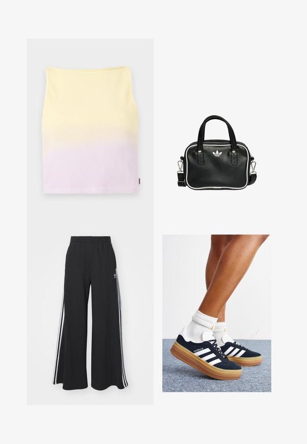 Geripptes Strick-Crop-Top, mit einem Farbverlauf von Gelb zu Helllila, in figurbetonter Form und mit einem runden Ausschnitt.; Schwarze weite Sweatpants mit elastischem Bund, versehen mit weißen Seitestreifen und einem gestickten Logo auf dem linken Oberschenkel.; Schwarze Wildledersneaker mit weißen Streifen und Akzenten, rundlicher Zehenbereich, Sohlen aus braunem Gummi, kombiniert mit weißen, gerippten Sneakersocken.; Schwarze Lederhandtasche mit zwei kurzen Griffen, silbernem Zubehör, weißen Akzenten und einem weißen Logo. Verfügt über eine strukturierte Oberfläche und ein kompaktes Design.