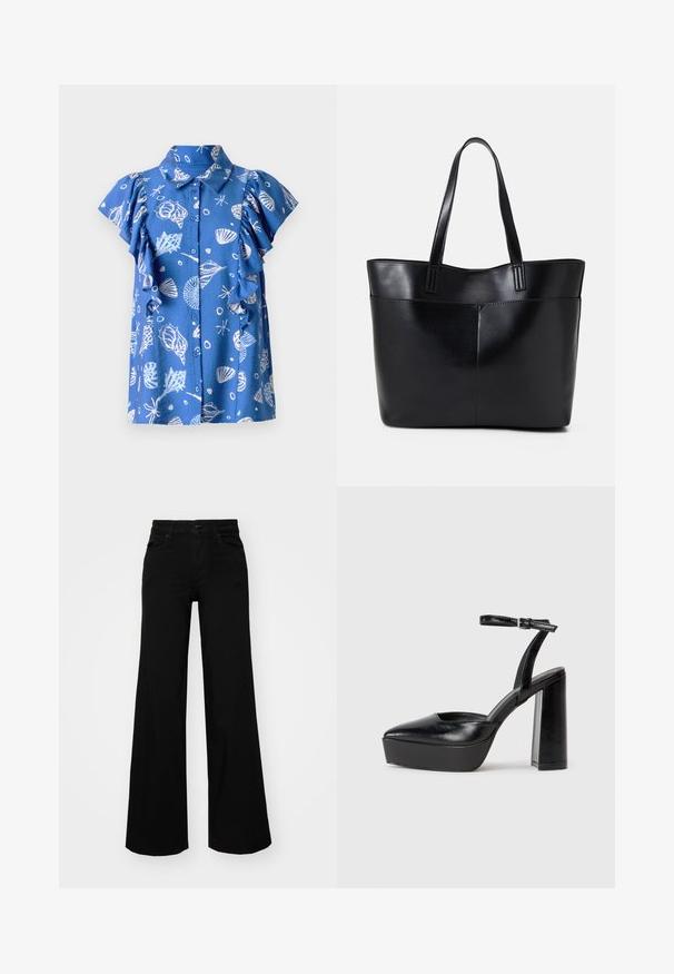 Blaues kurzärmliges Hemd mit Knopfverschluss, versehen mit weißen Muschel- und Fischmustern, gerafften Ärmeln und einem klassischen Kragen.; Schwarze weit geschnittene Hose aus Denim, mit einem strukturierten Bund, Gürtelschlaufen und Fronttaschen. Glatte Textur mit klassischem Design.; Schwarze Plateau-High Heels mit spitzem Zeh und verstellbarem Knöchelriemen. Gefertigt aus glattem Leder und mit einem klobigen Blockabsatz.; Schwarze Leder-Shopper-Tasche mit zwei langen Griffen, einer glatten Textur und einer strukturierten Form. Verfügt über eine Vordertasche für zusätzlichen Stauraum.