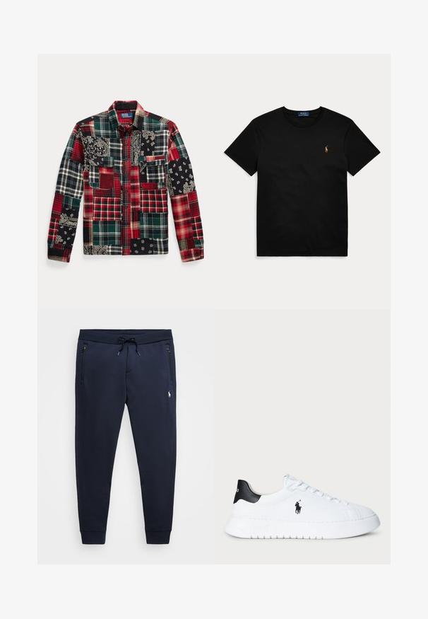 Cămașă cu nasturi din material patchwork, cu diferite modele în carouri roșii, verzi, negre și albe, cu accente paisley și mai multe buzunare.; Tricou negru cu mânecă scurtă, guler rotund, cu un mic logo brodat în portocaliu și verde al mărcii Polo Ralph Lauren, situat pe partea stângă a pieptului.; Pantaloni de jogging bleu marin realizați dintr-un amestec moale de bumbac, având un talie ajustabilă, buzunare cu fermoar și un mic logo pe coapsa stângă.; Adidași joși albi cu tab de călcâi negru și logo-ul Polo Ralph Lauren pe lateral, având șireturi albe și o talpă groasă din cauciuc.