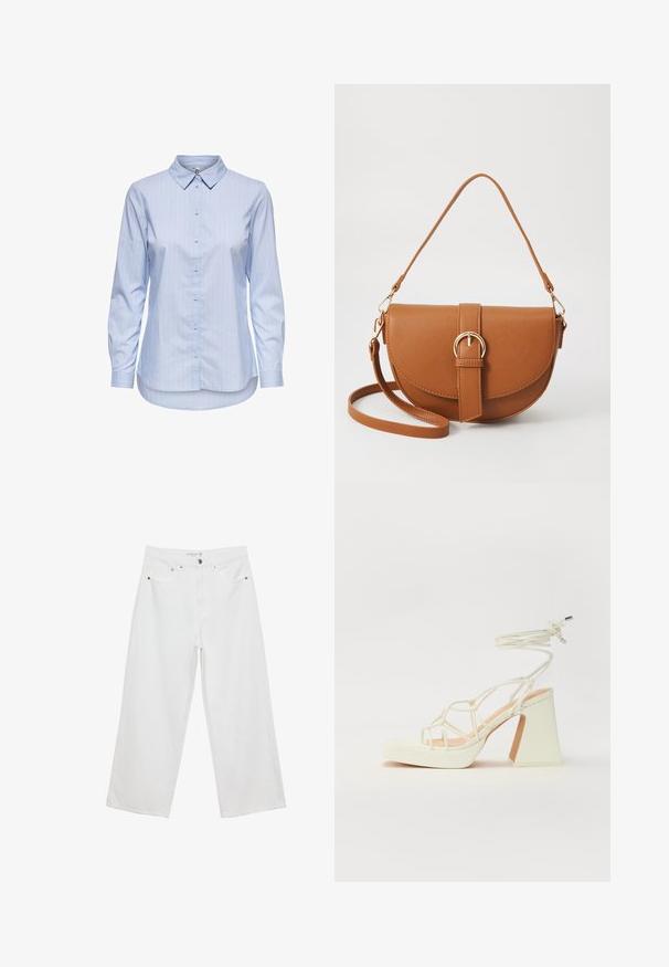 Blau gestreifte Knopfhemd mit Kragen, langen Ärmeln und abgerundetem Saum. Der Stoff wirkt glatt und leicht. Knopfleiste auf der Vorderseite.; Weiße Jeans im weit geschnittenen Design aus Denim mit hoher Taille, ausgestattet mit fünf Taschen und Metallbeschlägen. Glatte Textur, keine sichtbaren Muster.; Weiße High-Heel-Sandale mit einem klobigen Absatz, die über ein Riemchendesign und ein Knöchelband verfügt. Glatte Textur mit einer Plattform vorne für zusätzliche Höhe.; Braune Leder-Crossbody-Tasche mit geschwungener Form, goldfarbenen Beschlägen und einer Schnallenakzentuierung. Verfügt über einen abnehmbaren Schultergurt.