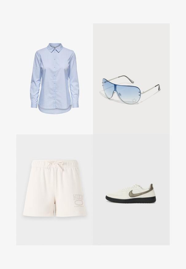 Blåstripet skjorte med knapper, krage, lange ermer og buet kant. Stoffet ser glatt og lett ut. Knapper foran.; Lys beige bomullsshorts med elastisk midjebånd, justerbar snorfeste og "NIKE SPORTSWEAR" logo trykket i lys brun på siden.; Nike Sportswear FIELD GENERAL - Joggesko - off-white/black; Pilotbriller med gradient blå linse, sølvfarget metallramme og dekorative stjerneaksenter på linsen. Glatt og stilren design.