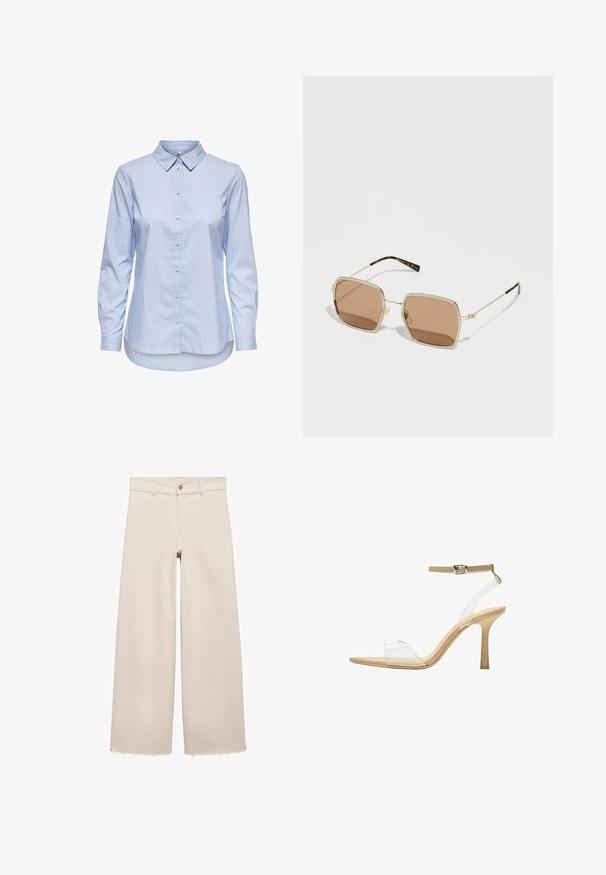 Modrá pruhovaná košeľa s gombíkmi, s golierom, dlhými rukávmi a zakriveným spodným okrajom. Materiál sa zdá byť hladký a ľahký. Gombíková léga na prednej strane.; Beige široké džínsy s vysokým pásom, s gombíkovým zapínaním, prednými vreckami a rozstrapkaným lemom. Vyrobené z denimu.; Priehľadné sandále na vysokom podpätku s transparentným zvrškom, béžovou stielkou a štíhlym remienkom na členku. Majú špicatú špičku a tenký vysoký podpätok.; Zlaté kovové slnečné okuliare so štvorcovým tvarom, hnedými sklami so zatmením a jemnými zelenými a červenými akcentmi na ráme. Tenké, elegantné ramená.; Hnedá semišová taška cez rameno s dvoma dlhými popruhmi, sťahovacou šnúrkou a minimalistickým dizajnom. Hladký povrch a žiadne viditeľné kovové doplnky.