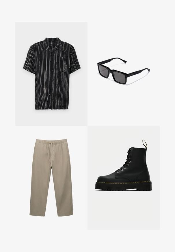 Short-sleeve shirt in black fabric featuring vertical white stripes, a pocket on the left chest, and a collar with a relaxed fit.; White cotton tank tops, sleeveless design, round neck, plain texture, featuring a soft, lightweight fabric. Two pieces displayed.; Beige cotton trousers with an elastic waistband and adjustable drawstring. Straight-leg design with side pockets and a smooth texture.; Black leather lace-up ankle boots with a chunky textured rubber sole and yellow stitching detail around the platform.; Black rectangular sunglasses with dark lenses; glossy plastic frame with straight temples and subtle logo detail on the side.