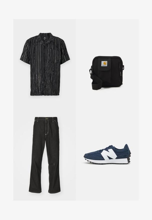 Chemise à manches courtes en tissu noir avec des rayures blanches verticales, une poche sur la poitrine gauche et un col avec une coupe décontractée.; Jean en denim noir avec une coupe ample, comportant des coutures blanches contrastantes, une fermeture à bouton et un design à jambes droites.; Baskets de sport bleu marine avec logo blanc, en suède et maille, dotées d'un col rembourré, de lacets plats et d'une semelle en caoutchouc noir texturé.; Sac bandoulière noir avec un compartiment principal zippé, une poche frontale, une sangle ajustable et un patch logo visible sur le rabat.
