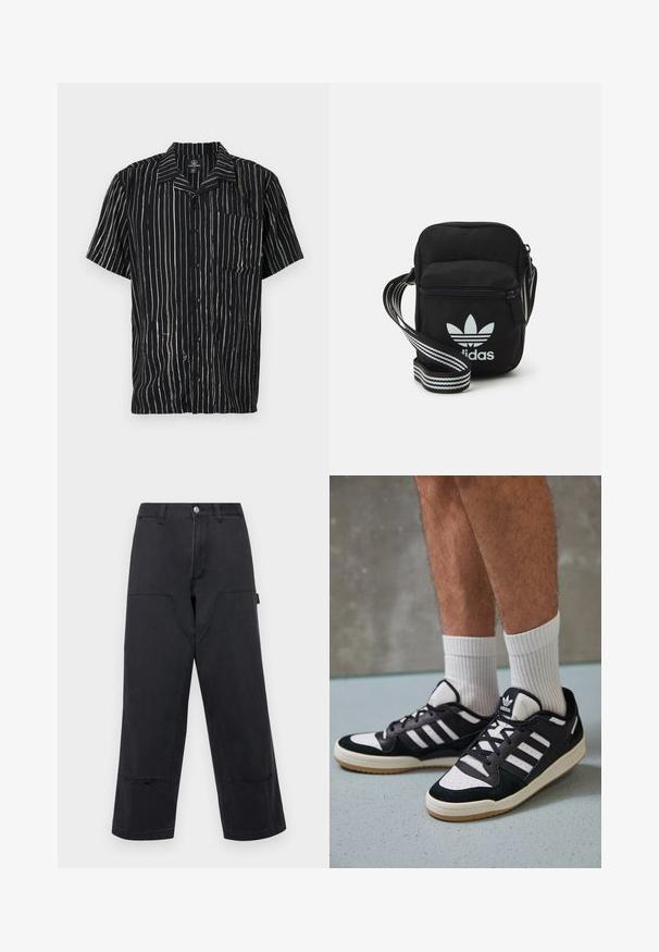 Chemise à manches courtes en tissu noir avec des rayures blanches verticales, une poche sur la poitrine gauche et un col avec une coupe décontractée.; Pantalon large en denim noir avec de grandes poches avant, coupe droite et coutures contrastées. Doté d'une fermeture à bouton en métal.; Baskets noir et blanc avec une tige en suède et cuir, comportant trois rayures blanches, un bout perforé et une semelle en caoutchouc gum.; Sac bandoulière noir en tissu avec fermeture éclair, arborant un logo Adidas blanc et une sangle réglable rayée pour un port facile.