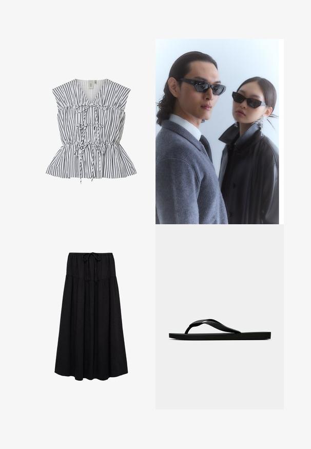 Gestreepte peplumtop in wit en zwart. Met V-hals, geplooide details en strikaccenten. Lichtgewicht stof met een gestructureerde afwerking.; Zwarte midi-jurk met geplooide lagen, gestructureerde stof en een trekkoord in de taille.; Zwarte rubberen flip-flop sandaal met een getextureerde strap en een eenvoudige platte zool, zijaanzicht op een effen lichte achtergrond.; Zonnebril met hoekige zwarte frames op een model in een grijs sweater, waarin een gestructureerde brei te zien is, en een zwart leren jack gedragen door een ander model.